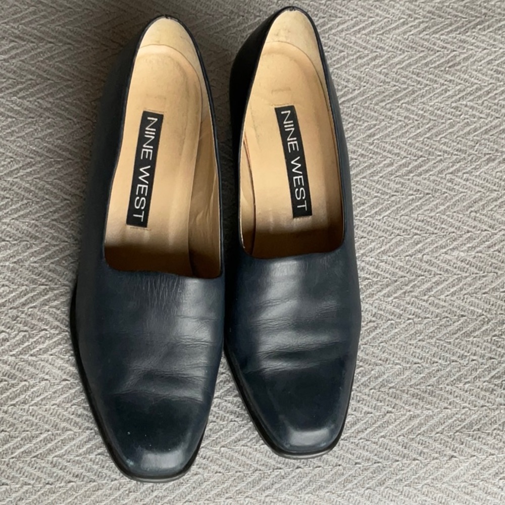Nine West Block Heel Square Toe High Heeled Shoes Pumps 7 Blue Leather Upper